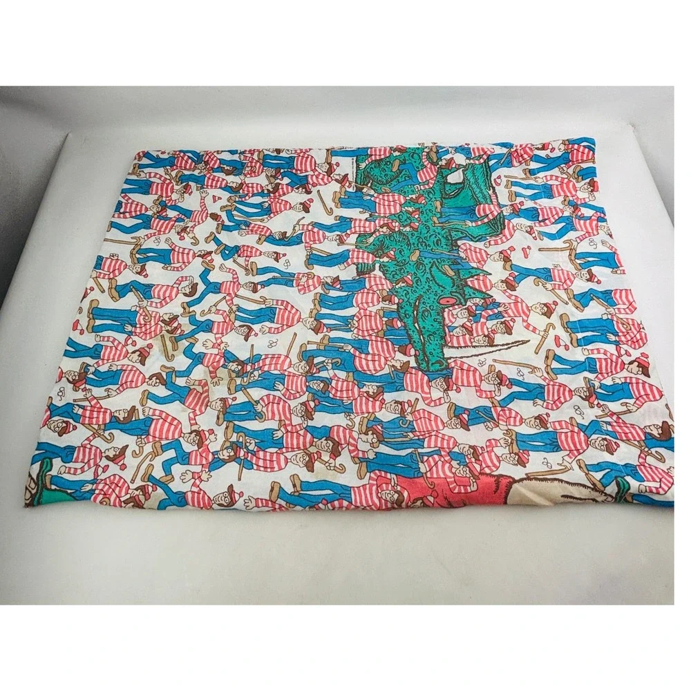 Vintage Where's Waldo Twin Flat Sheet Pillowcase Giant Dragon Springs 1990 Flaws